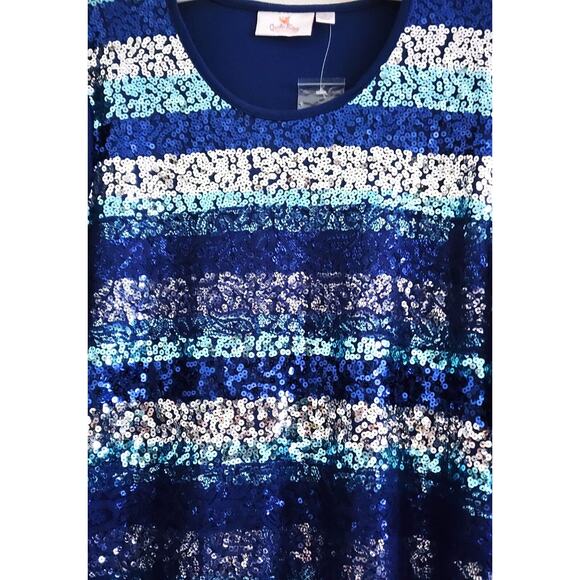 Top/Blouse-Quacker Factory-Blue Toned Sequin Front-Fabric Back-Scoop Neck-Size L - Picture 4 of 15